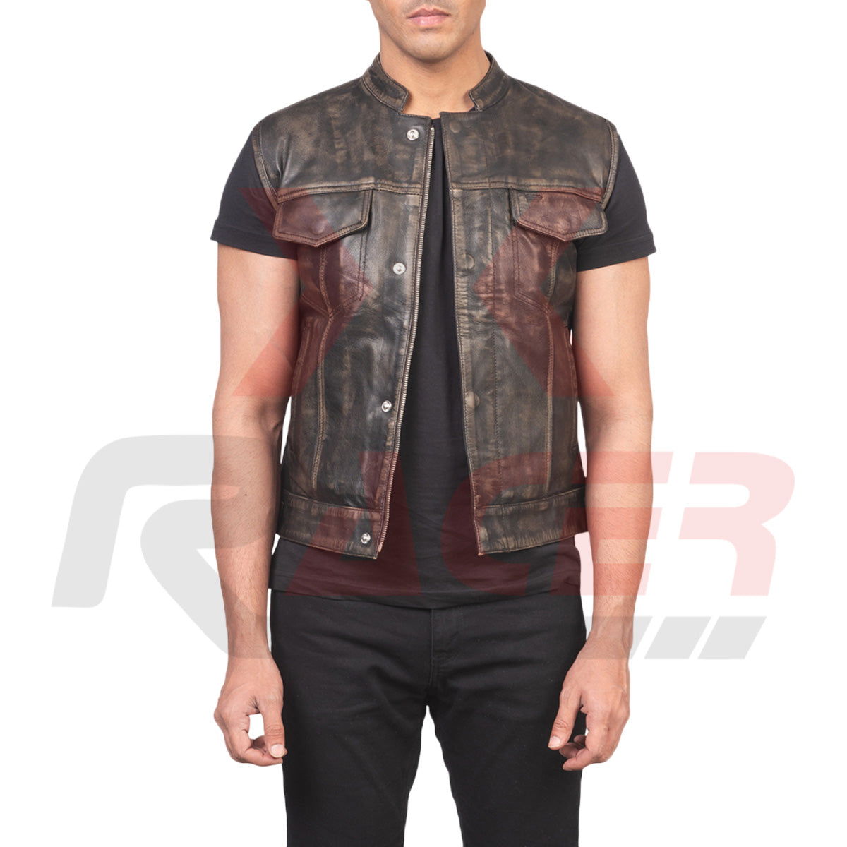 Leather Vest with Top Front Pockets Black/Brown