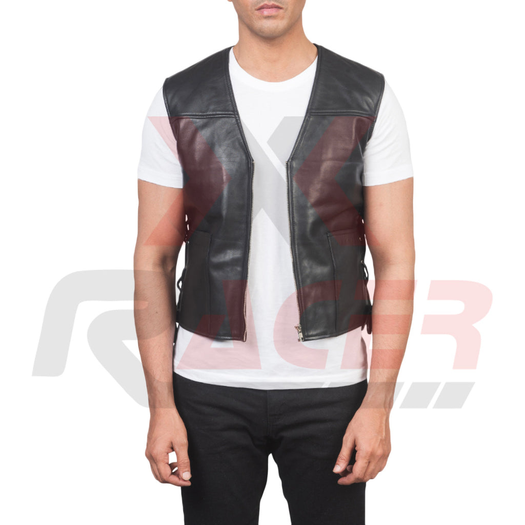 Plain Black V-Neck Leather Vest