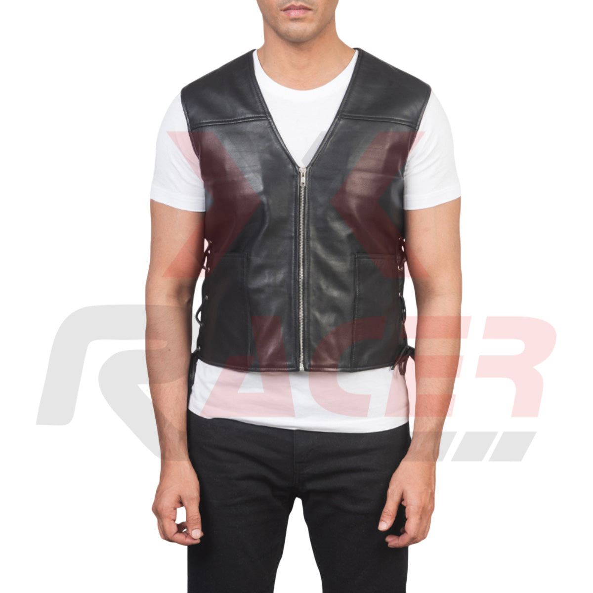 Plain Black V-Neck Leather Vest