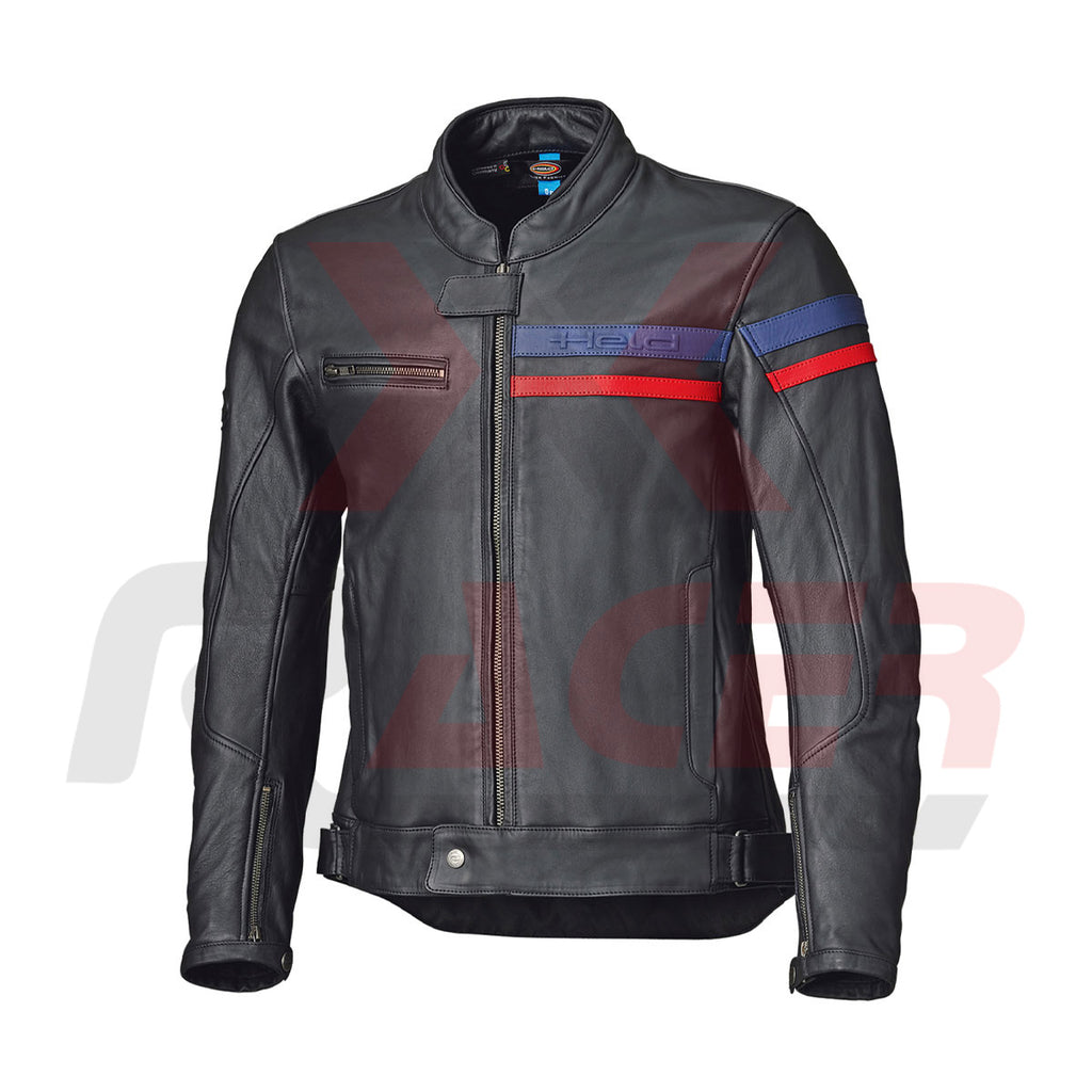 Black Mens Leather Jacket with Blue and Red Tap on Front