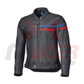 Black Mens Leather Jacket with Blue and Red Tap on Front