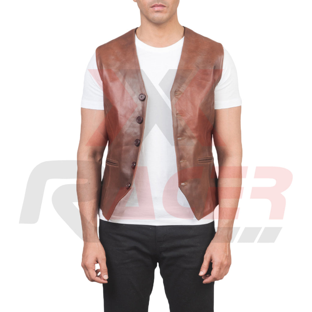Brown V-Neck Leather Vest
