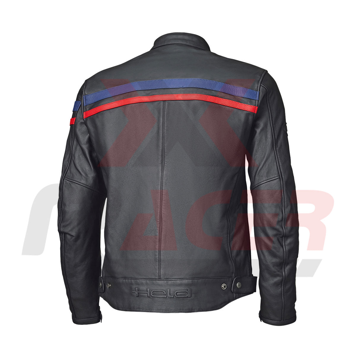 Black Mens Leather Jacket with Blue and Red Tap on Front