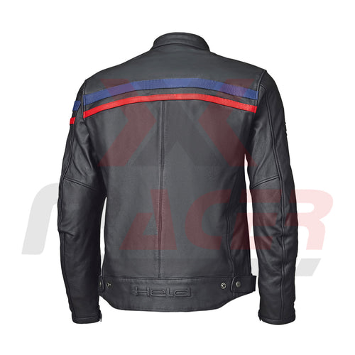 Black Mens Leather Jacket with Blue and Red Tap on Front