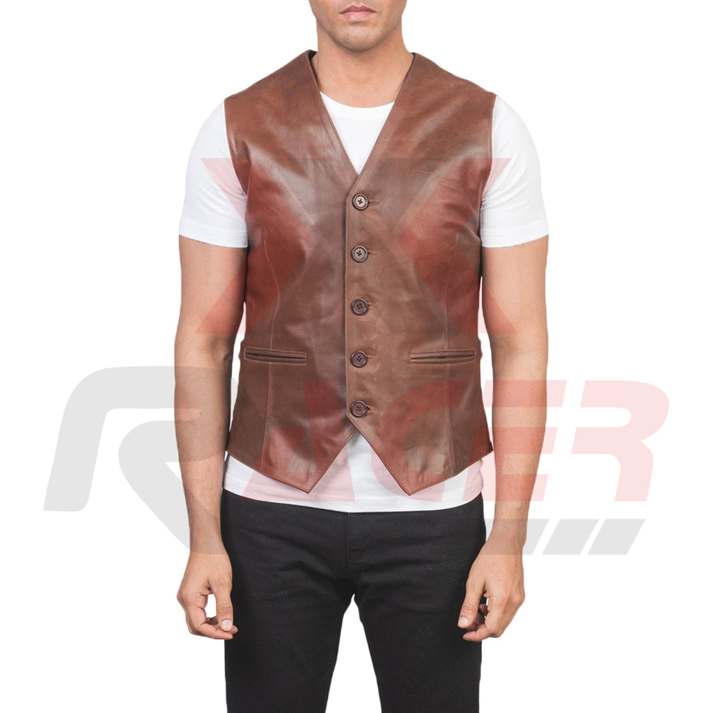 Brown V-Neck Leather Vest