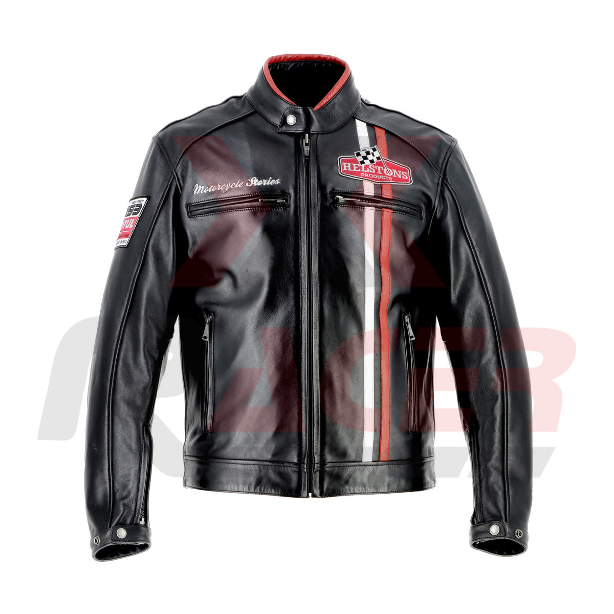 Helstons Black Mens Leather Jacket with White and Red Tap