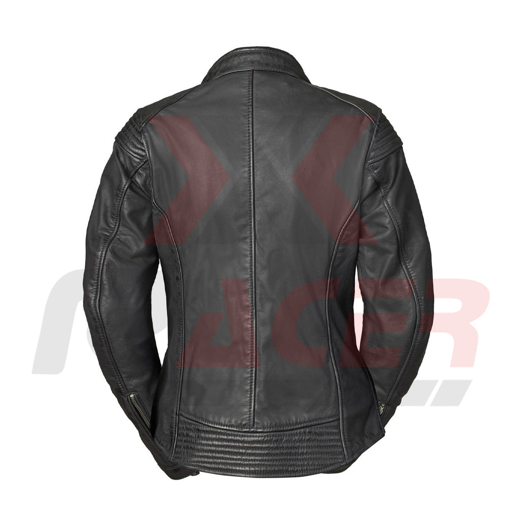 Black Leather Jacket for Women with Top Zipper Pockets