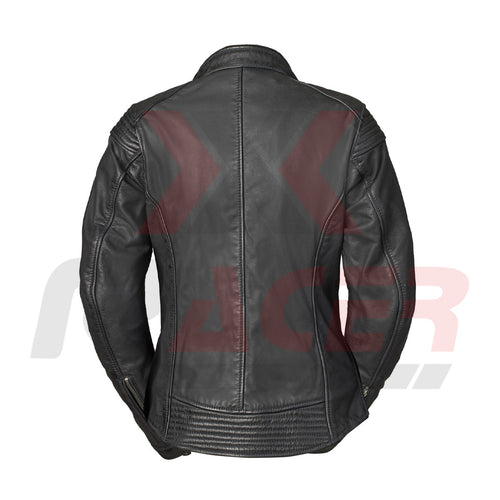 Black Leather Jacket for Women with Top Zipper Pockets
