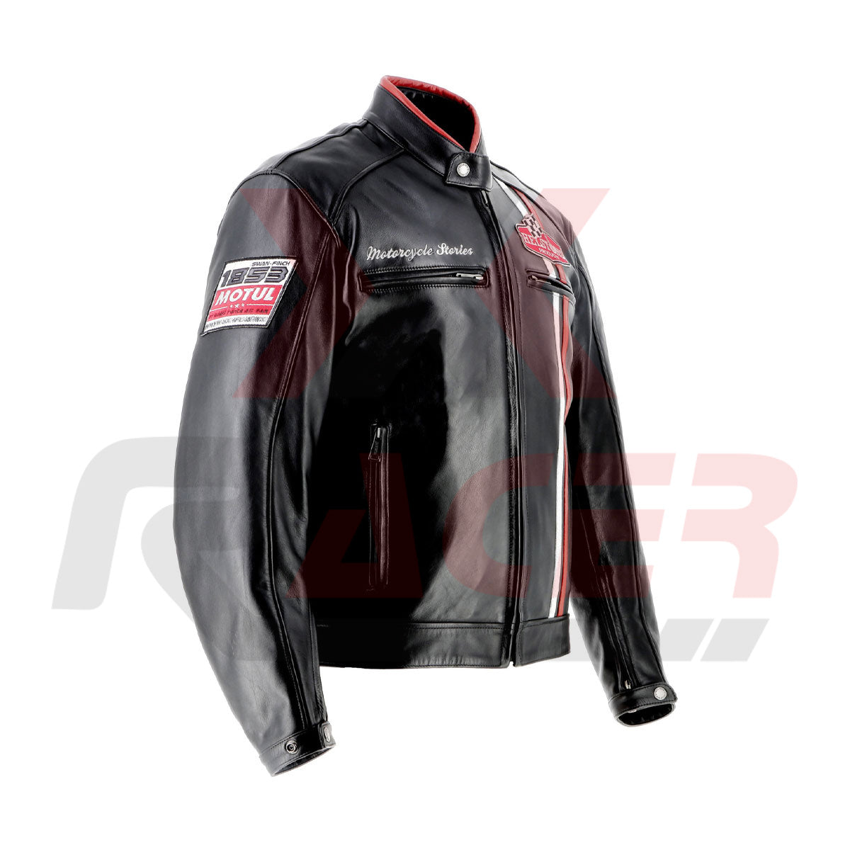 Helstons Black Mens Leather Jacket with White and Red Tap