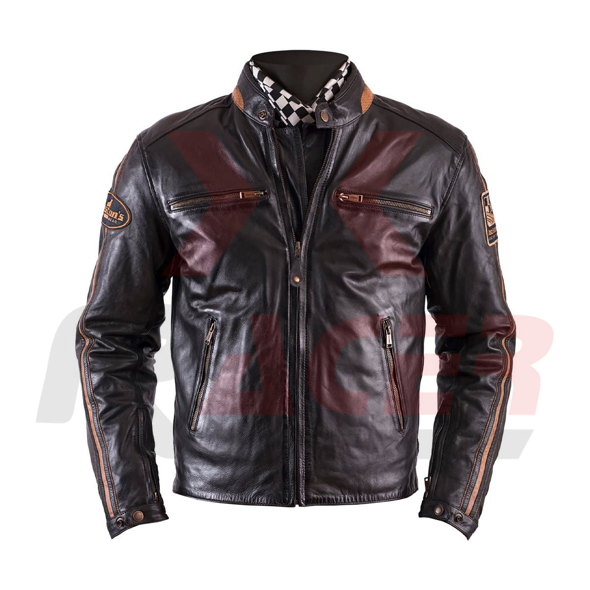 Helstons Black Mens Leather Jacket with Brown Tap