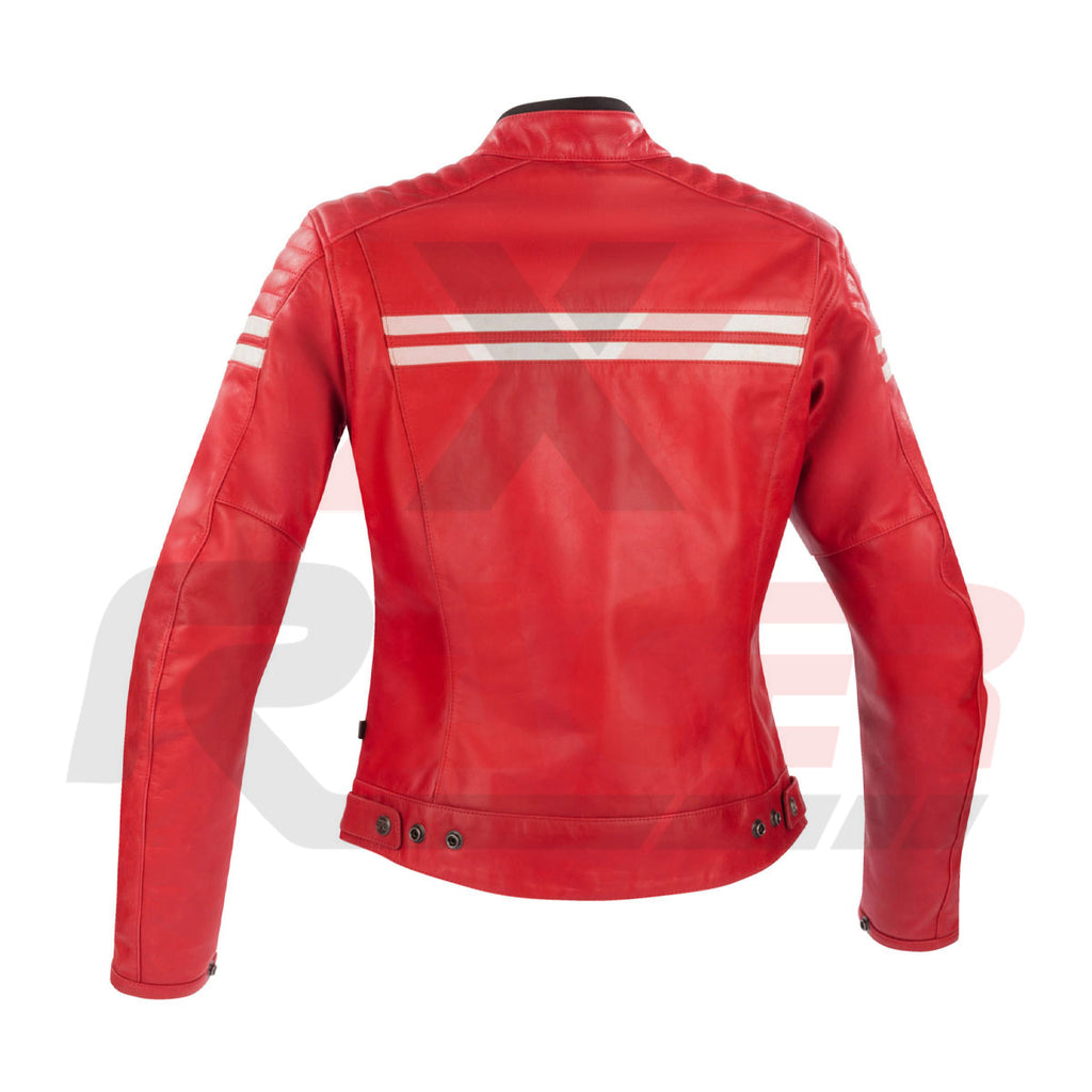 Red Leather Jacket for Women with Top Zipper Pockets
