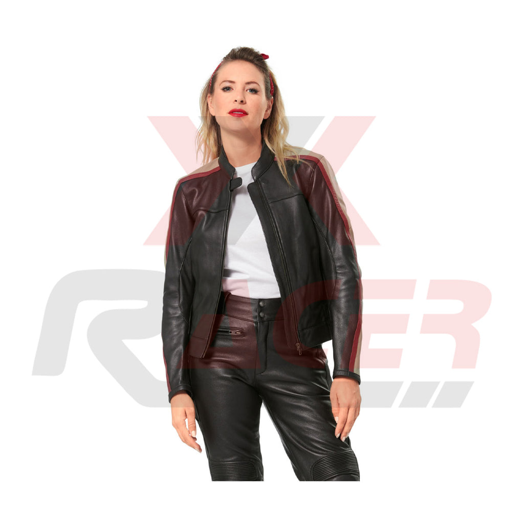 Black Leather Jacket for Women with Maroon Tapes