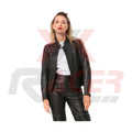 Black Leather Jacket for Women with Maroon Tapes