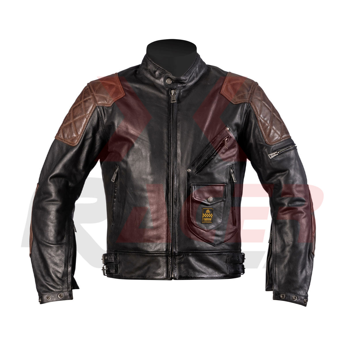 Helstons Black Mens Leather Jacket with Brown Shoulder Patches