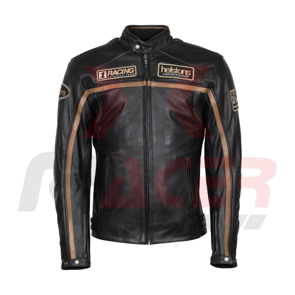 Helstons Racing Black Mens Leather Jacket with Brown Tap