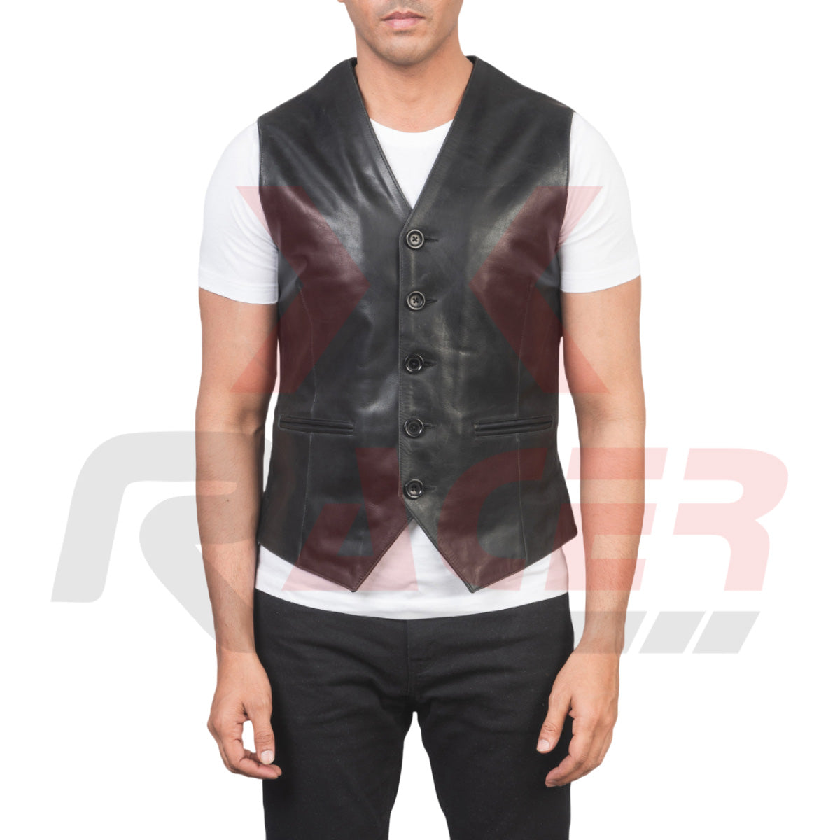 Black V-Neck Leather Vest