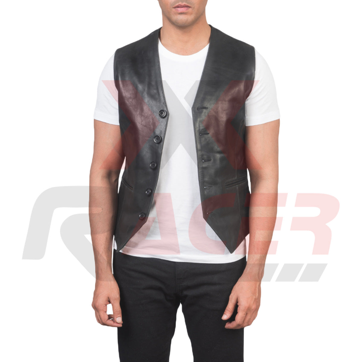 Black V-Neck Leather Vest