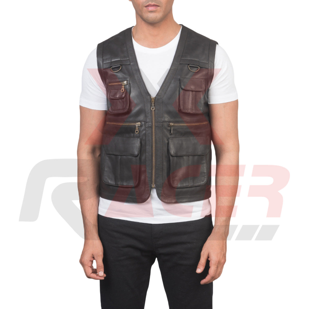 Black V-Neck Leather Vest with Extra Front Pockets