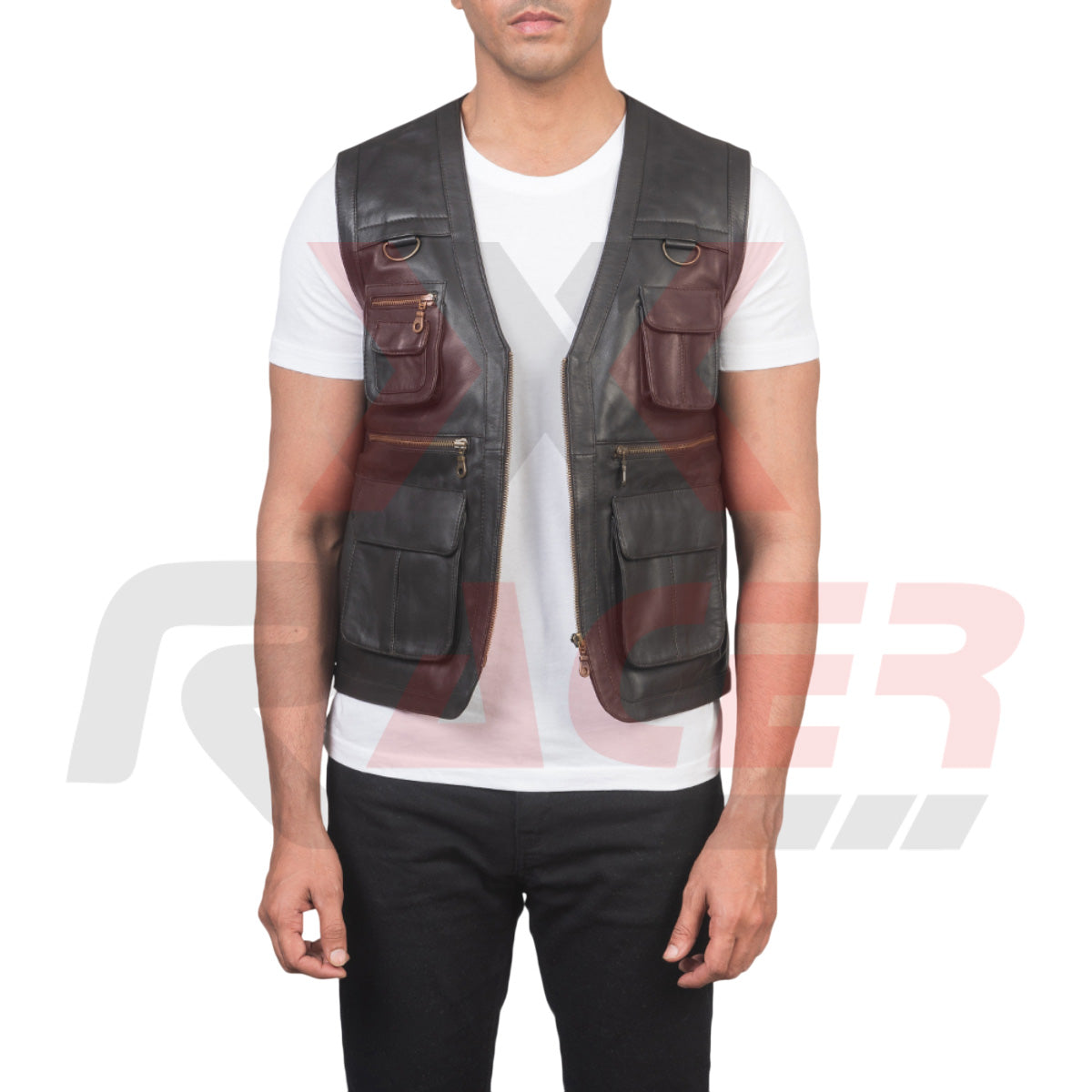 Black V-Neck Leather Vest with Extra Front Pockets
