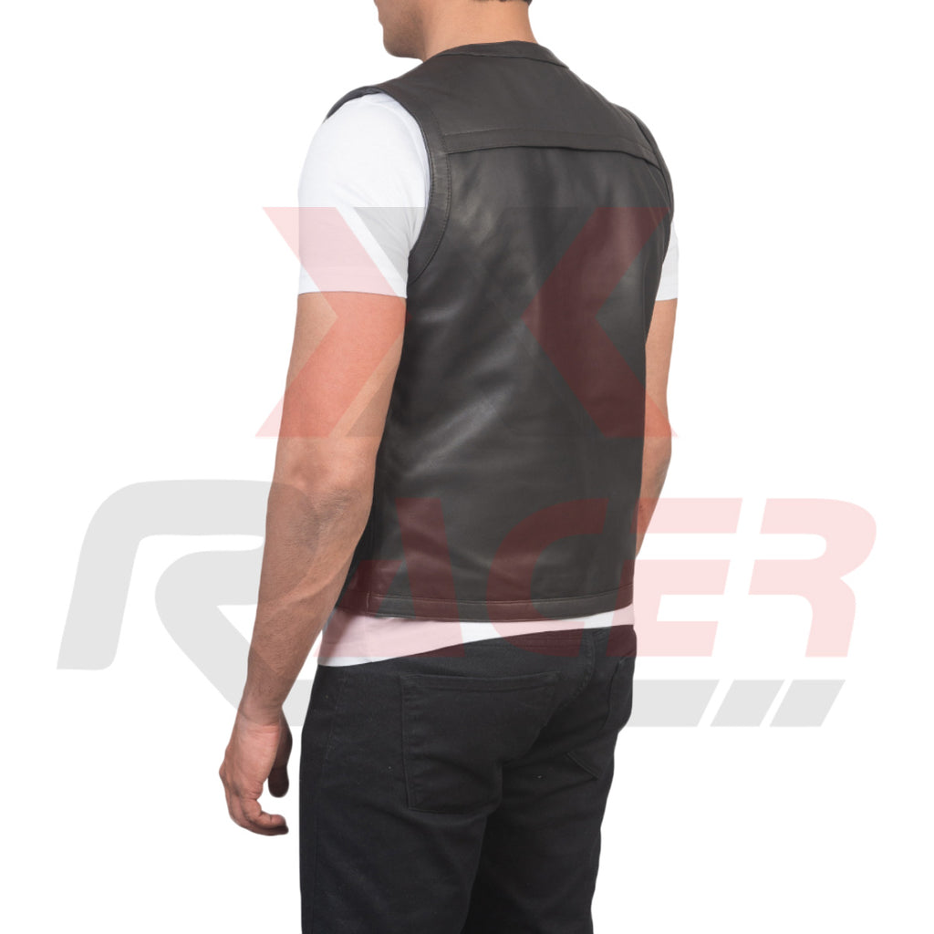 Black V-Neck Leather Vest with Extra Front Pockets