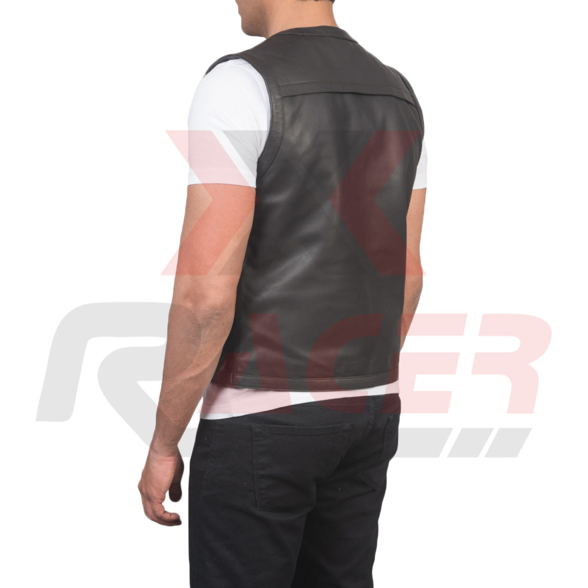 Black V-Neck Leather Vest with Extra Front Pockets