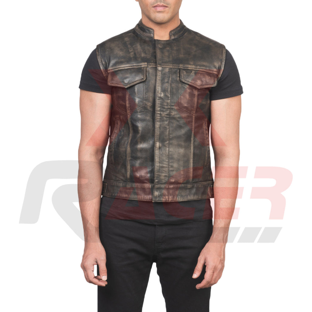 Leather Vest with Top Front Pockets Black/Brown