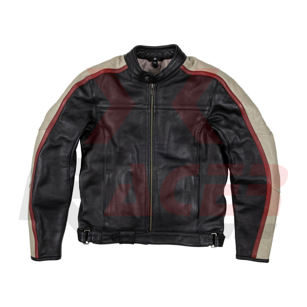 Simple Mens Leather Jacket with White Arm Design
