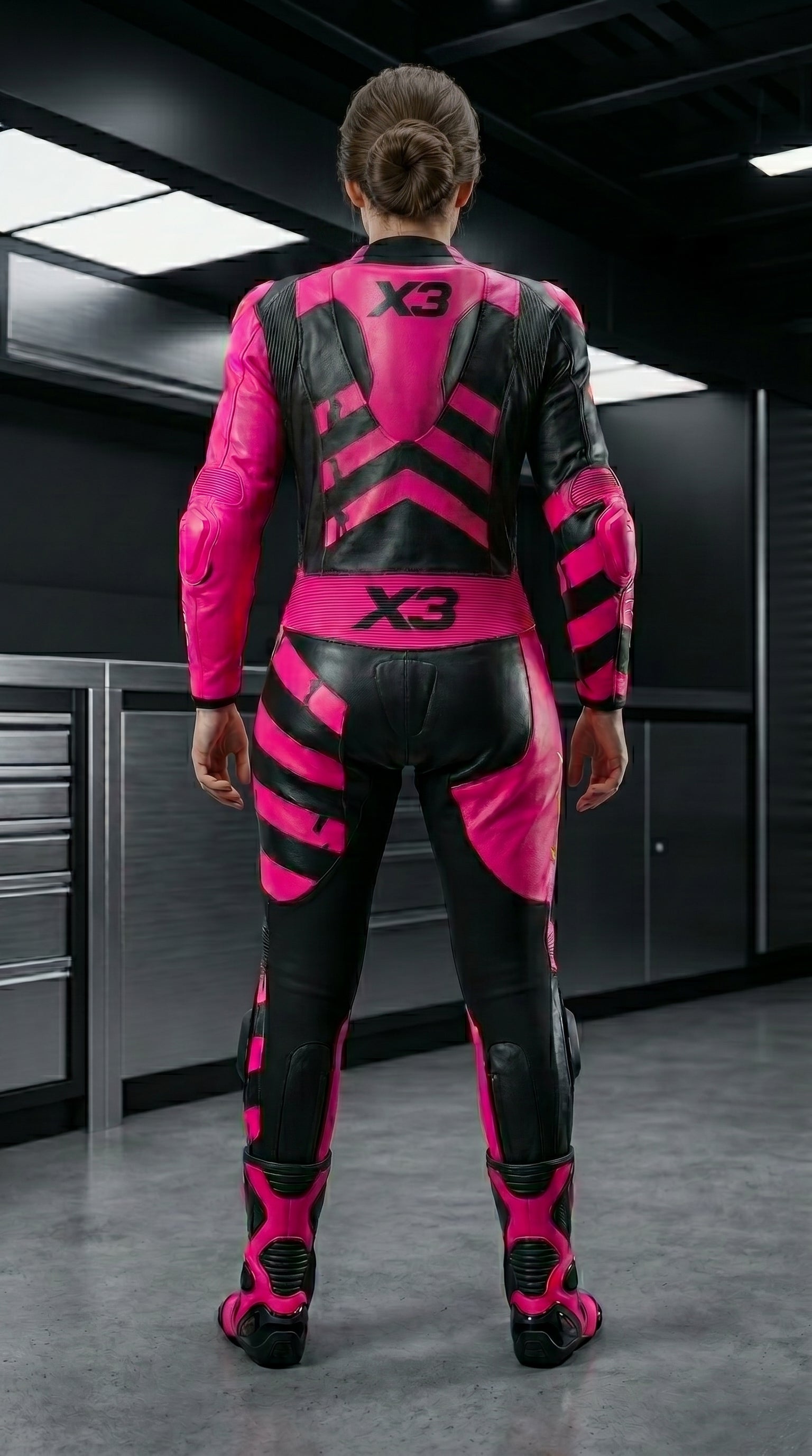 Pink and Black X3 Motobike Racing Suit with X Logo for Women
